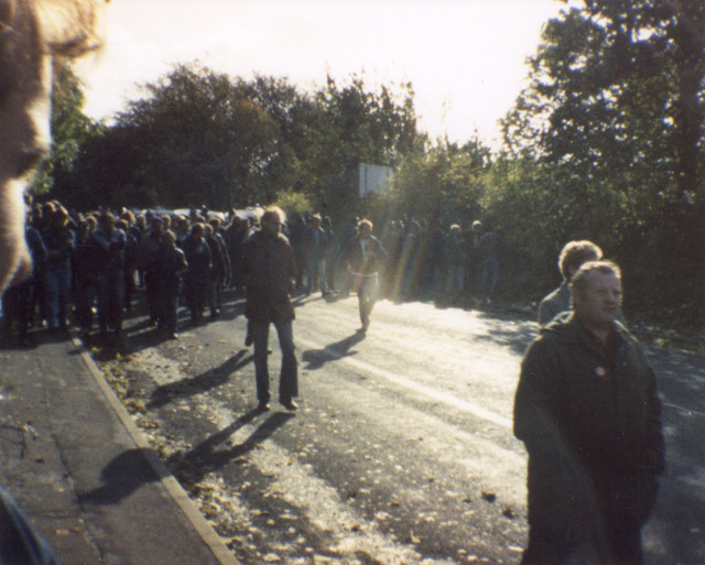 Walking back from the “front line” line at Maltby Colliery. South Yorkshire Police and their vans can be seen in the background.