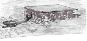 Tramming underground. A ‘skelly’. A flat topped mine car. A miner would load it up with supplies, throw the rope over his shoulder and pull.